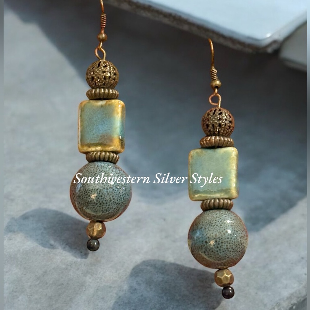 Vintage Artisan Blue Ceramic Double Stone Beads Bronze Metal Hook Wire Earrings